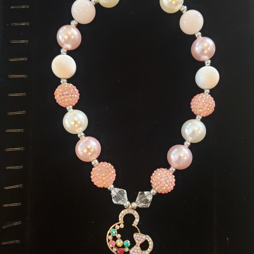 Adorable Pink Shades Bubblegum Beaded w/Gold Tone Colorful Rhinestone Necklace - Picture 13 of 13